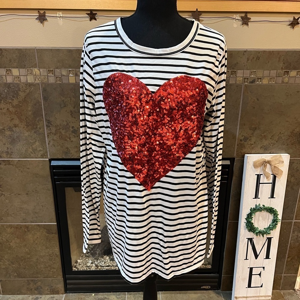 Striped and sequin heart top from Heimish USA, size large.